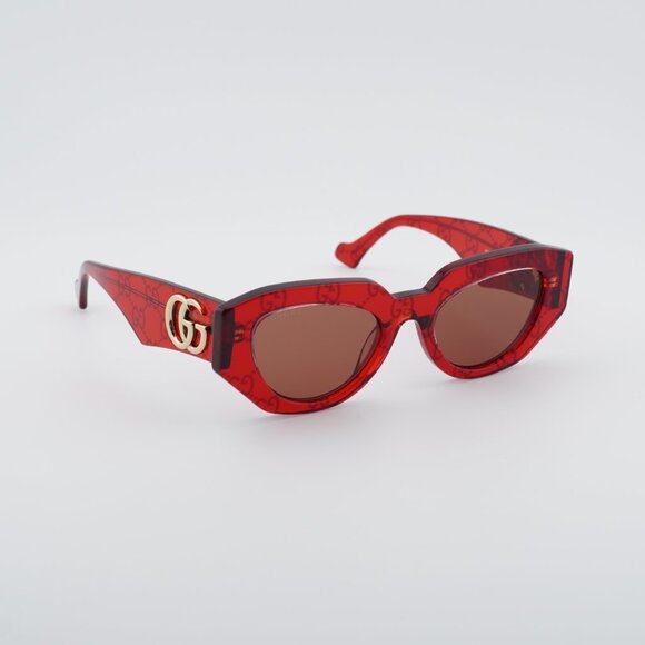 Gucci GG1421S 006 Sunglasses Transparent Red with GG Pattern Geometric Frame main image 8